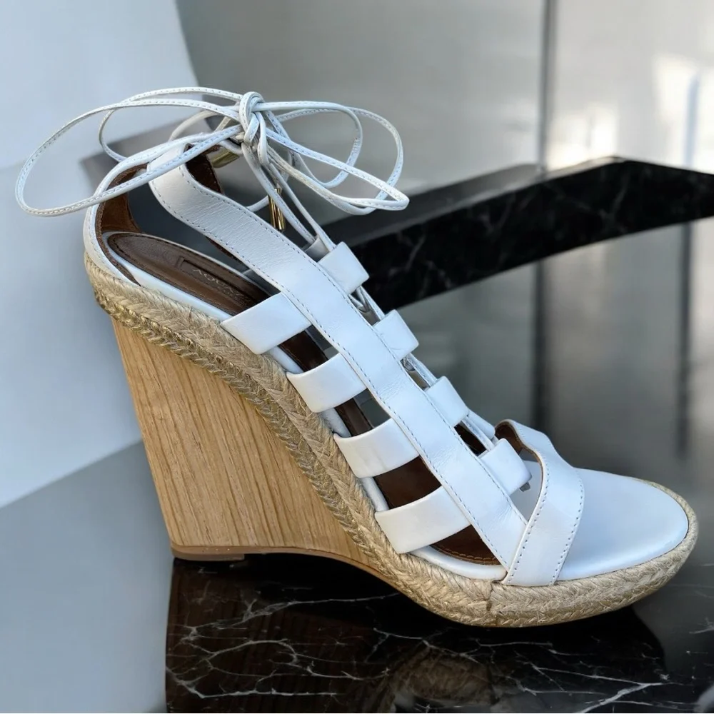 Aquazzura Firenze Amazon Gladiator White Leather Lace-Up Strappy Wedge Sandals